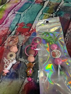 Colorful Beaded Keychain Trio - Pink, Green, Rose Gold